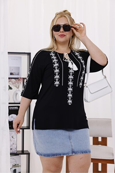 Siyezen Plus Size Etamine Embroidered Blouse