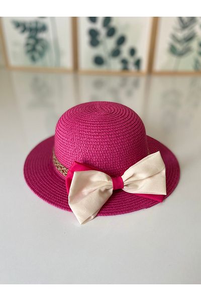 Petek Collection Straw Beach Children's Hat with Bow Accessory (1-6 Years) Fuchsia
