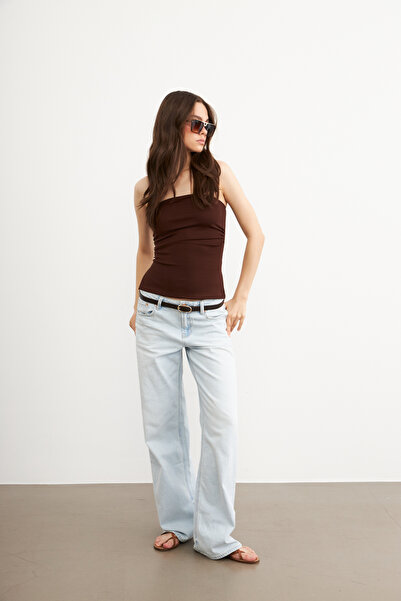 Bipantolon Women's Bitter Brown Strapless Modal Soft Textured Blouse with Side Slits