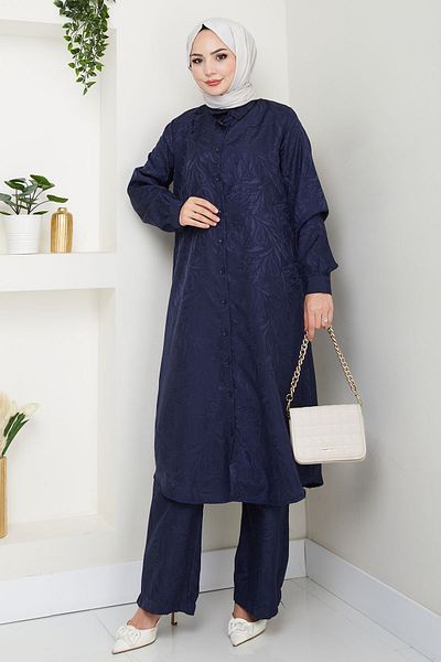 InStyle Jacquard Buttoned Double Suit Navy Blue