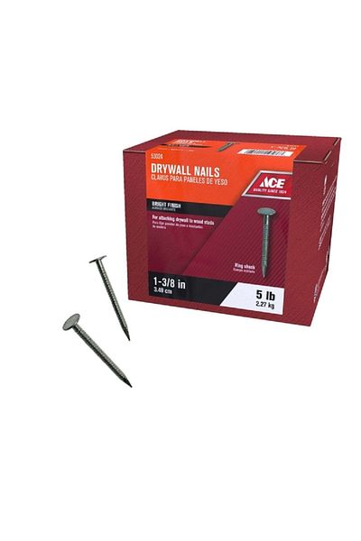 ACE Bright Finish Ring Shank Flat Head Drywall Nails Silver 1-3/8inch