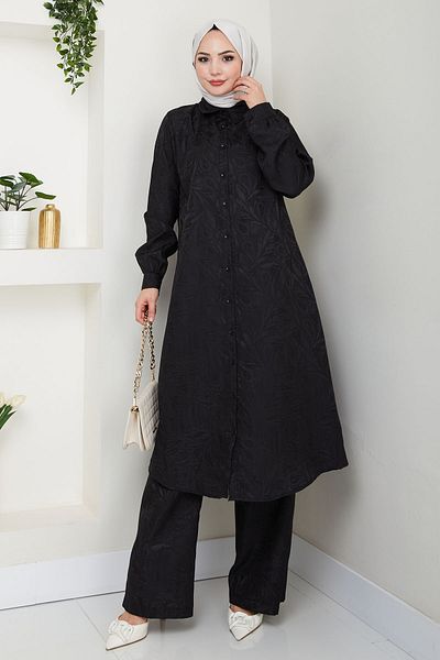 InStyle Jacquard Buttoned Double Suit Black