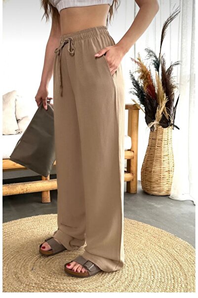 SU SHE Women's Linen Waist Elastic Tie High Waist Wide Cut Pocket Summer Trousers