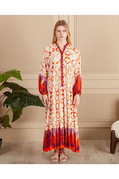 EL jadida Women's Patterned Plus Size Hijab Viscose Dress Orange Purple