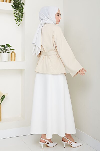InStyle Kuşaklı Tek Düğmeli Double Kimono Taş