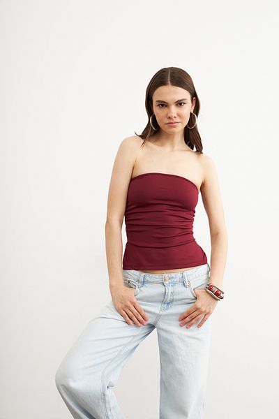 Bipantolon Bluză de damă bordeaux fără bretele cu fante laterale modal cu textura moale