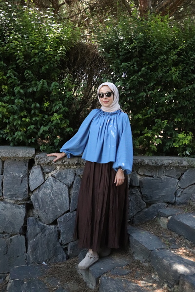 ilmek 25030 Γυναικεία μπλούζα με κορδόνια με πτυχωτό ύφασμα με πτύχωση Indigo