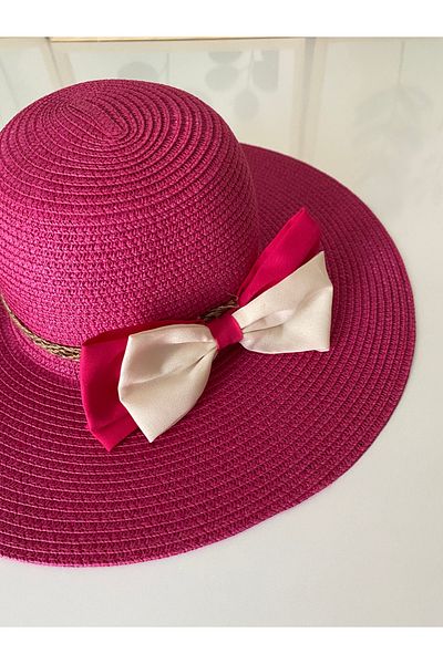 Petek Collection Fuchsia Pink Straw Beach Hat with Bow