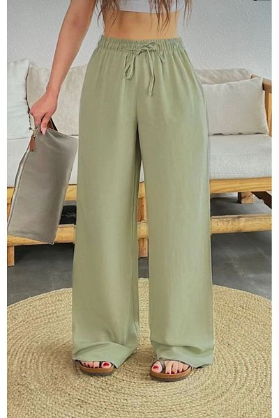 jsshop collection Hawaii Women's Linen High Waist Wide Cut Summer Trousers with Elastic Waistband and Pockets