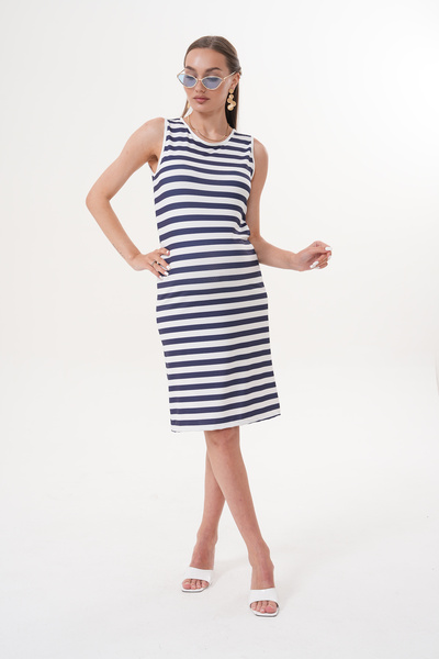 Miss Dünya Lissa Kolsuz Yuvarlak Yaka Fittilli Kaşkorse Çizgili Midi Hamile ve Lohusa Elbisesi