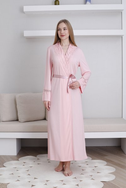 ERDENİZ TEKSTİL Lace Detailed Women's Dressing Gown / Shawl Collar Tie Waist / Cotton Stretch Fabric