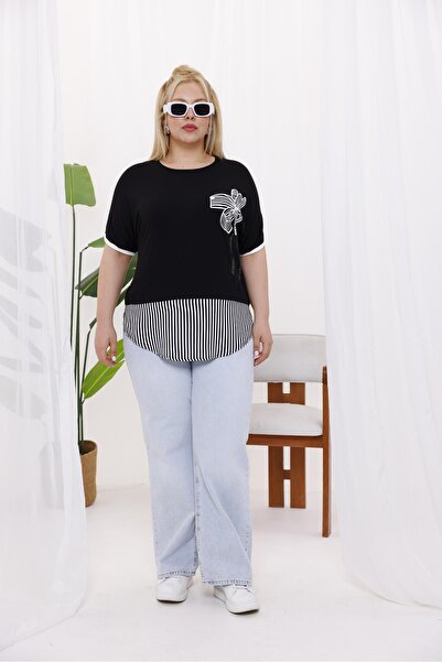 Siyezen Plus Size Skirt Stripe Detailed Floral Pattern Blouse