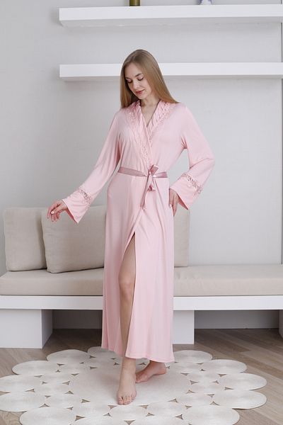 ERDENİZ TEKSTİL Lace Detailed Women's Dressing Gown / Shawl Collar Tie Waist / Cotton Stretch Fabric