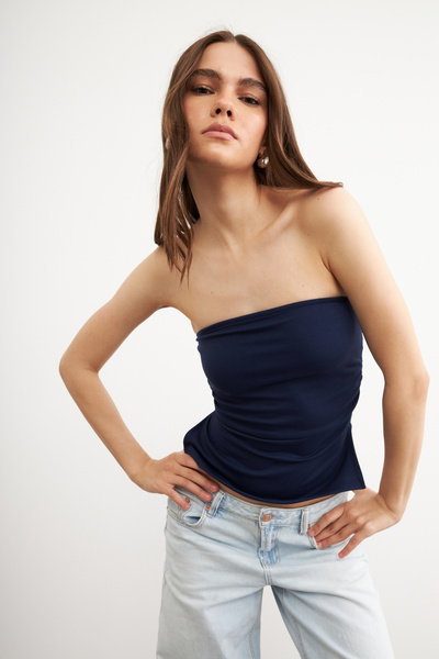 Bipantolon Γυναικεία μπλούζα με μαλακή υφή με στράπλες μπλε Navy με σχισμές στο πλάι