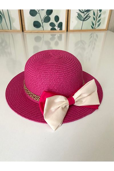 Petek Collection Straw Beach Children's Hat with Bow Accessory (1-6 Years) Fuchsia