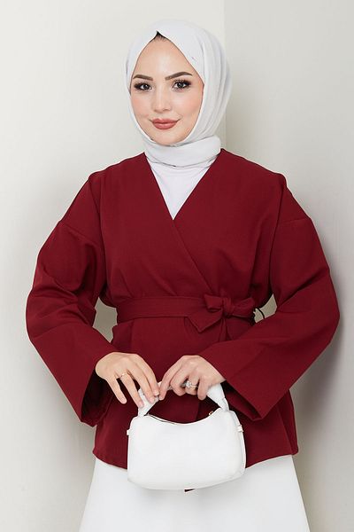 InStyle Kimono dublu cu centură și un singur buton Roșu Claret