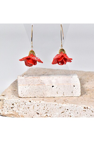 NARRU NARRU earrings, handmade, flower chandelier, red and gold, Teona 04