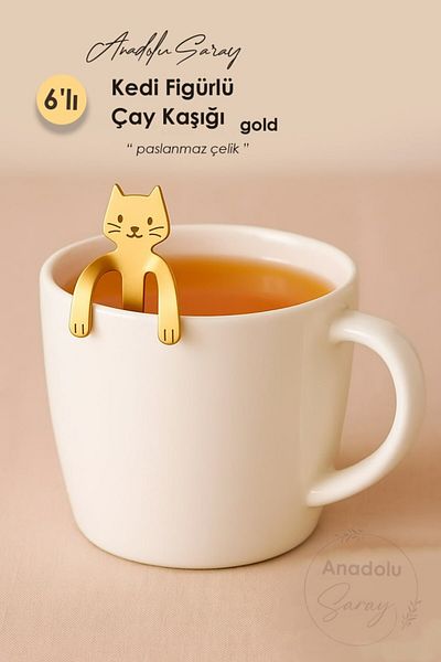 Anadolu Saray 6-Piece Gold Stainless Steel Teaspoon with Cat Figure Hanging on the Edge of the Cup Ideal for Stylish Presentation