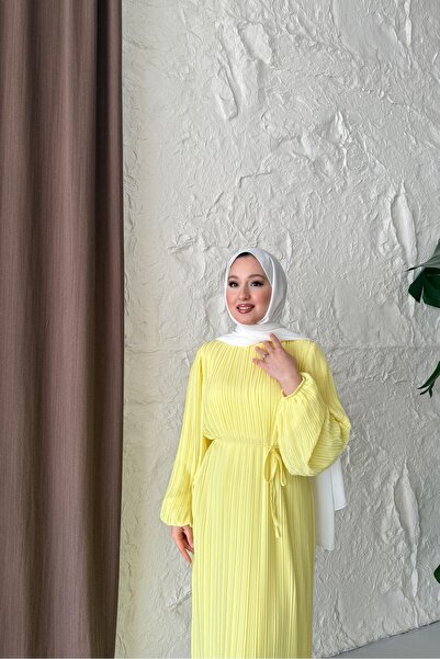 Rimel Moda Seyran Piliseli Elbise Sarı