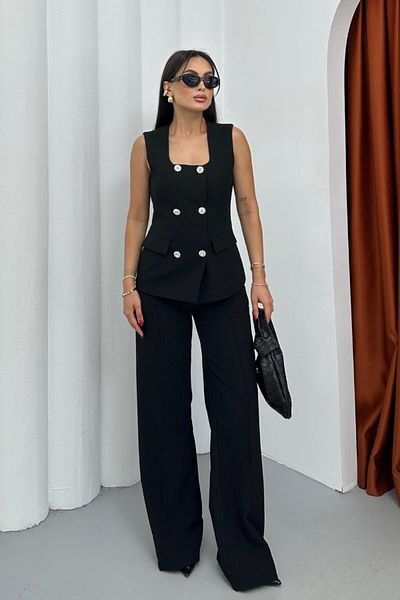 spirituel Women's Double Bottom Top Set Stylish Button Detailed Square Neck Vest Pants Set