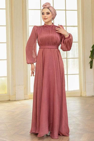 N.S NEVA STYLE Βραδινό φόρεμα Drape Detailed Dusty Rose Hijab 51072GK