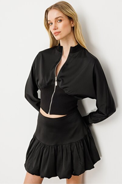 GLENDA Siyah Saten Fermuar Detaylı Crop Ceket