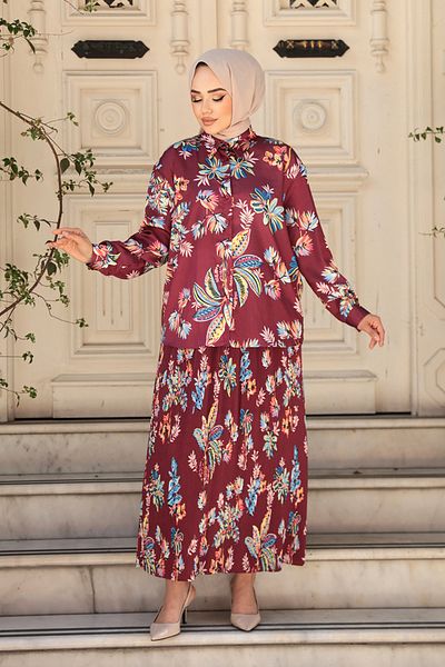 N.S NEVA STYLE Patterned Burgundy Hijab Skirt Double Set 13028Br