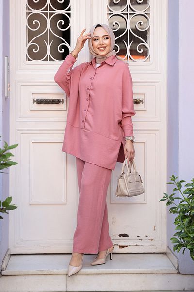N.S NEVA STYLE Buttoned Dusty Rose Hijab Double Set 67751Gk