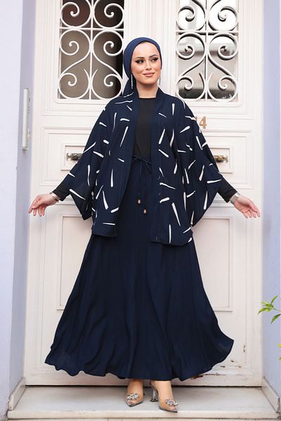 N.S NEVA STYLE Patterned Navy Blue Hijab Double Kimono Set 12892L