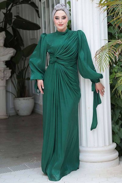 N.S NEVA STYLE Drape Detailed Emerald Green Hijab Evening Dress 52285Zy