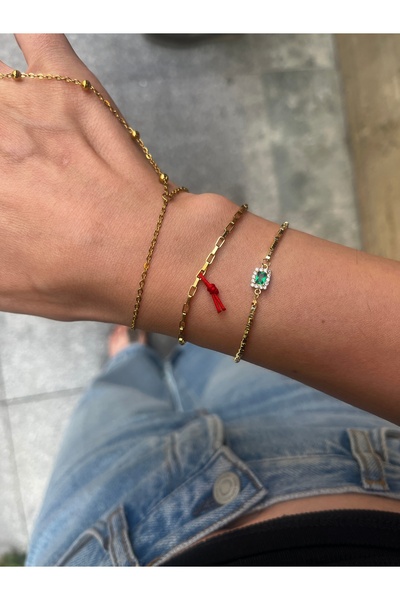 Hoop jewelery dikdörtgen zincir çelik kırmızı ipli şans bilekliği