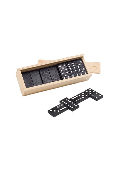 dalimag Domino game with black plastic pieces in wooden box, 146 x 50 x 30 mm