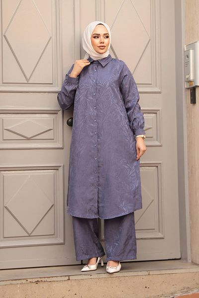 N.S NEVA STYLE Patterned Dark Lilac Hijab Double Set 12981Klila