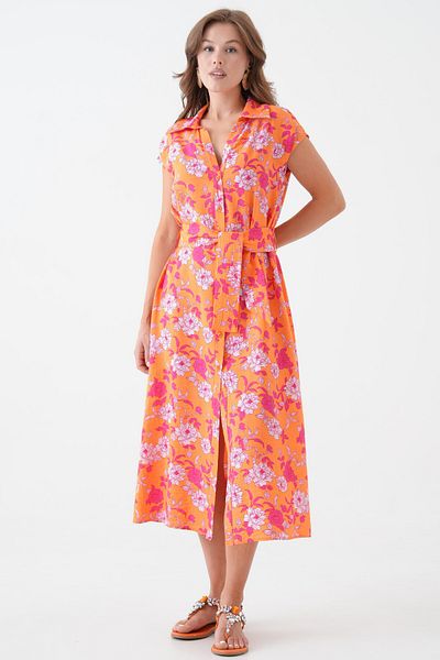Saade Orange Zero Sleeve Belted Woven Dress