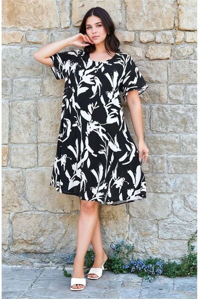 Burcumay Γυναικείο φόρεμα μεγάλου μεγέθους με τετράγωνο λαιμόκοψη και κοντό μανίκι με σχέδιο μίντι βισκόζη Μαύρο λεπτό φόρεμα διακοπών στην παραλία