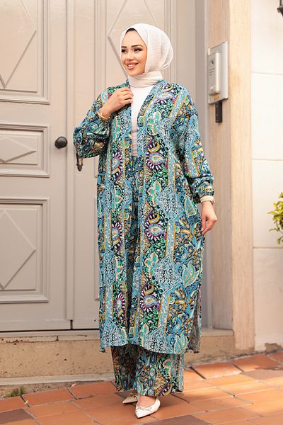 N.S NEVA STYLE Patterned Blue Hijab Double Kimono Set 12885m