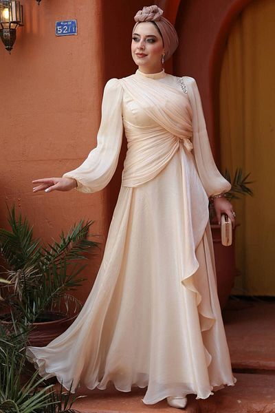 N.S NEVA STYLE Βραδινό φόρεμα Hijab με λεπτομέρεια μπεζ 51641BEJ