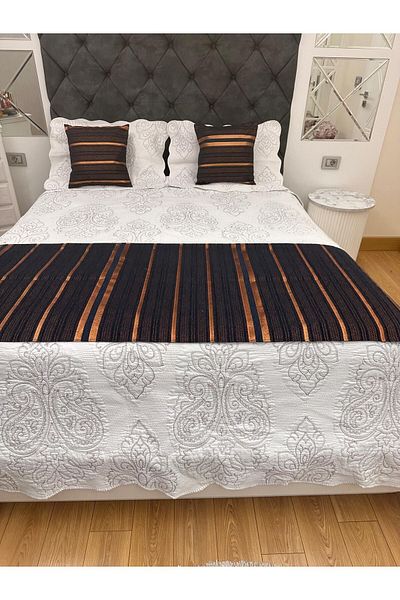 Becenhouse Bed Runner Set Double Gold Blue Patterned 1 Bed Runner & 2 Throw Pillows for Home and Hotels