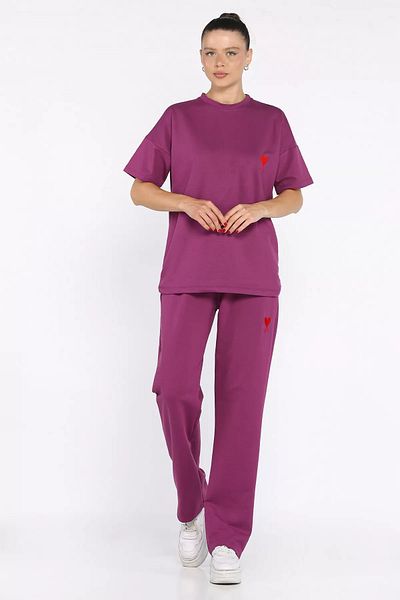 GÜLSELİ Plum Women's Heart Embroidered Crew Neck T-Shirt Pants Double Set