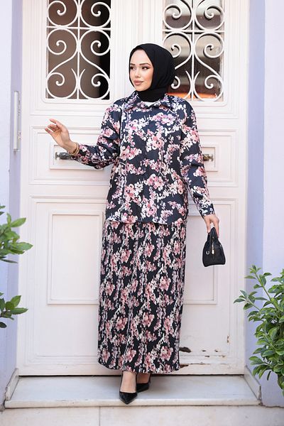 N.S NEVA STYLE Patterned Black Hijab Skirt Double Suit 13027S