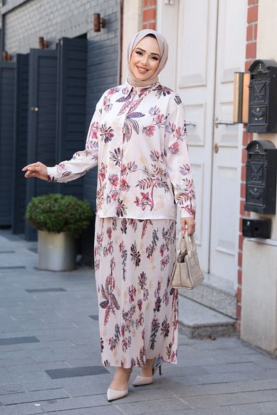 N.S NEVA STYLE Patterned Dusty Rose Hijab Skirt Double Set 13028Gk
