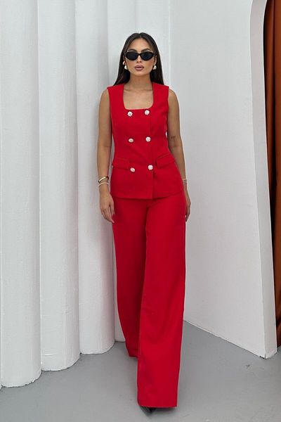 spirituel Women's Double Bottom Top Set Stylish Button Detailed Square Neck Vest Pants Set