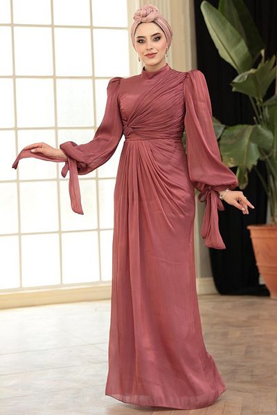 N.S NEVA STYLE - Dusty Rose Hijab Evening Dress with Drape Detail 52285Gk