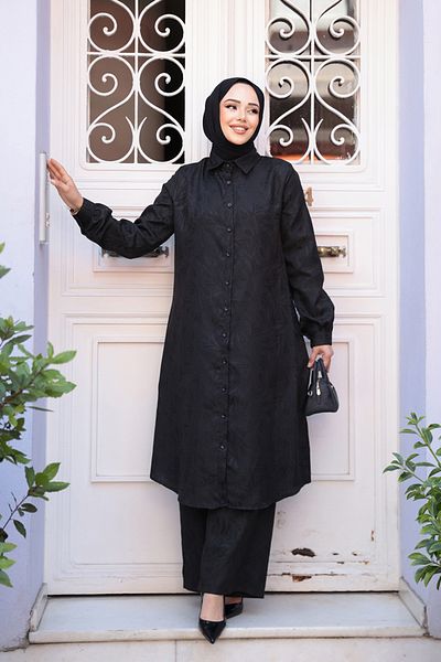 N.S NEVA STYLE Patterned Black Hijab Double Set 12981S