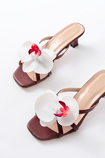 infon shoes creation S-622 Burgundy Orchid Detailed Thin Heeled Women's Slippers