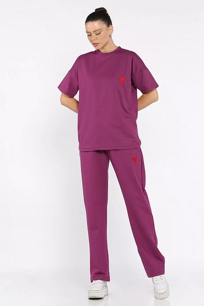 GÜLSELİ Plum Women's Heart Embroidered Crew Neck T-Shirt Pants Double Set