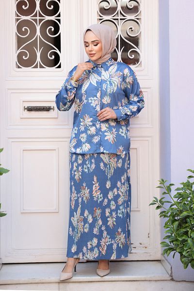 N.S NEVA STYLE Patterned Indigo Blue Hijab Skirt Double Set 13028Im