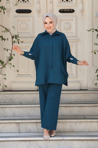 N.S NEVA STYLE Buttoned Petrol Blue Hijab Double Suit 67751Pm