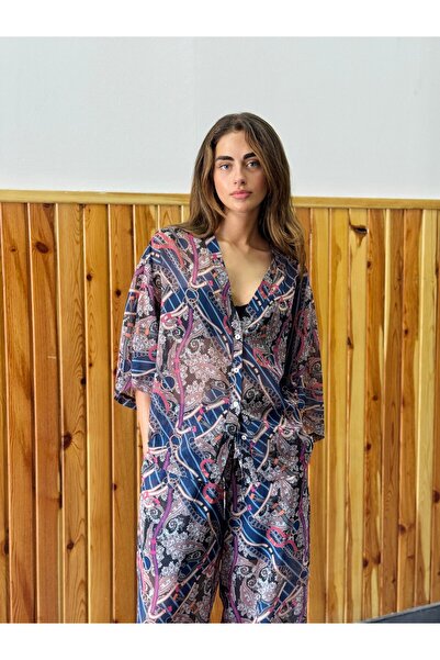 Retrobird Design V-Neck Chiffon Kimono Shirt Women Plum