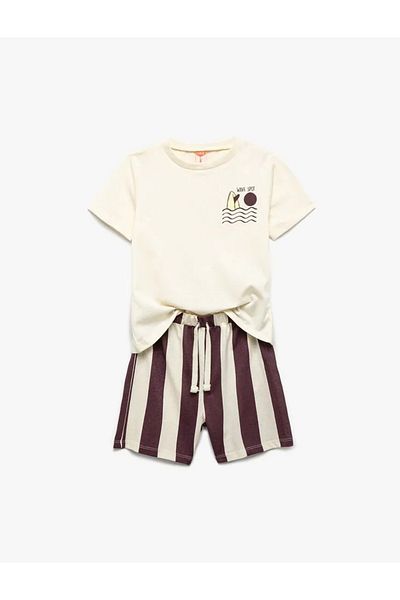 Koton Kids Baby Boy Printed Short Sleeve Crew Neck Cotton T-Shirt and Shorts Set